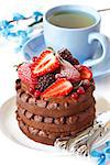 Delicious chocolate cake with cream and berries and cup of tea on a white.