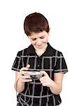 small boy checking analog camera settings on white background