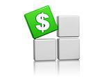 dollar sign - 3d green cube with american money symbol on grey boxes, business finance concept