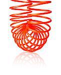 Orange red thin spiral air hose used for pneumatic tools, isolated on white with natural shadow.