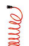 Orange red thin spiral air hose used for pneumatic tools.