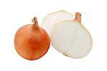 Two white onions, whole and halved, isolated on a white background