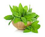 Wood bowl with fresh mint. Isolated on white backround