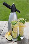 Glasses with homemade lemonade and siphon on wooden table