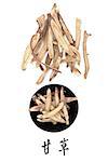 Licorice root chinese herbal medicine with mandarin title script translation. Gan cao.