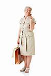 Elderly woman with bags on a white background