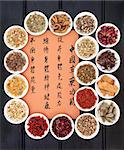 Traditional chinese herbal medicine with mandarin script calligraphy. Translation describes the functions to increase the bodys ability to maintain body and spirit health and to balance energy.