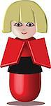 Kokeshi blonde doll in red. Vector cartoon character