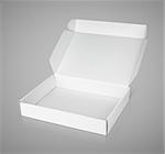 Open white blank carton pizza box on gray background with clipping path