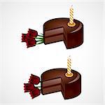 Realistic vector illustration of two cakes with candles and a bouquet of tulips