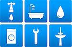 set with bath objects on blue background with tap, washing machine, spanner, sink and water drop