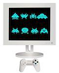 game joystick and a monitor with pixel characters on a white background