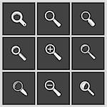 Magnifying glass, set of different white icons.