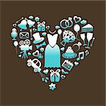 Set of turquoise and white silhouette wedding icons inside a heart shape