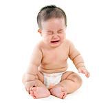 Full body hungry Asian baby boy crying, sitting isolated on white background