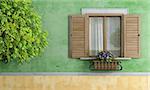 Detail of a wooden window with flower pot and tree - rendering