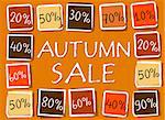 autumn sale and different percentages - retro style orange label with text and squares, business seasonal concept