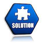 solution and puzzle sign in 3d blue hexagon button with white text and symbol, business concept banner