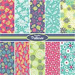 Collection of 10 floral colorful seamless pattern background. Great for web page backgrounds, wallpapers, interiors, home decor, apparel, etc. Vector file includes pattern swatch for each pattern.