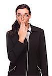 Surprised Mixed Race Businesswoman Puts Hand Over Her Lips Isolated on White Background.