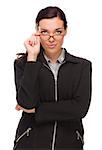 Confident Mixed Race Businesswoman Touching her Glasses Isolated on a White Background.