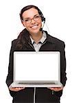 Confident Mixed Race Businesswoman Wearing Headset Holds Computer With Blank Screen Isolated on a White Background â?? Contains Clipping Path For Screen.
