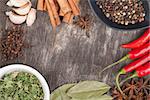 Herbs and spices on old wood table background with copyspace