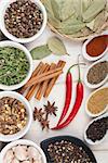 Colorful herbs and spices selection. Aromatic ingredients on wood table