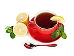 Red tea cup with lemon and mint. Isolated on white background