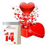 Valentine s day card with gift box, flying red hearts and calendar