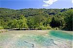 Children enjoying pure waters of Plitvice lakes National park in Croatia