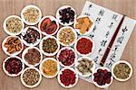 Traditional chinese herbal medicine with mandarin calligraphy on rice paper over papyrus background. Translation describes the medicinal functions to maintain body and spirit health and balance energy.