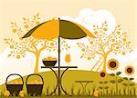 vector table with umbrella, baskets of apples and sunflowers in garden, Adobe Illustrator 8 format