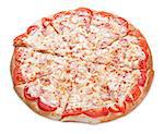 Delicious italian pizza with ham, tomato and cheese isolated on white with clipping path