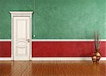 Vintage green and red room with closed classic door-rendering