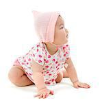 Full body Six months old East Asian baby girl crawling on white background