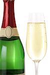 Sparkling Champagne in a glass and in a bottle isolated on a white background