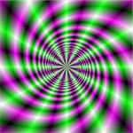 Digital abstract fractal image with a neon Catherine Wheel design in green and pink.