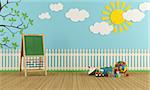 Playroom with wall decor, toys and blackboard with abacus - rendering