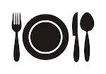 Black restaurant menu icon plate with cutlery isolated