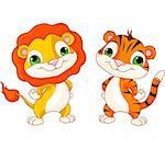 Cute animal characters lion and tiger