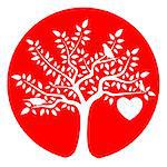 vector tree with one big heart and birds isolated on red round, Adobe Illustrator 8 format