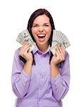 Excited Mixed Race Woman Holding the Newly Designed United States One Hundred Dollar Bills Isolated on a White Background.