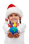 One world of happy people at christmas concept - little girtl holding earth and people made of clay, isolated