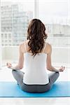 Rear view of a toned young woman sitting in lotus pose at fitness studio