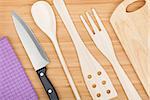 Kitchen utensils on wooden table