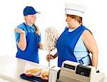 Adult woman working at a fast food job has to take orders from a teenage boss.  Isolated on white.