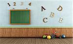 Vintage Play room with tricycle,colorful ball and blackboard on wall - rendering