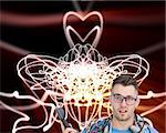 Composite image of confused it professional with cables and phone on lightening background