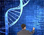 Composite image of businessman standing back to camera writing with marker next to dna spiral on blue matrix background
